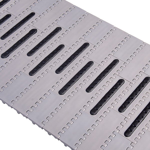 Photograph of a flat top modular belt with black friction strips, the HS-100A-HD-N-EL variant in the HS-100-N family